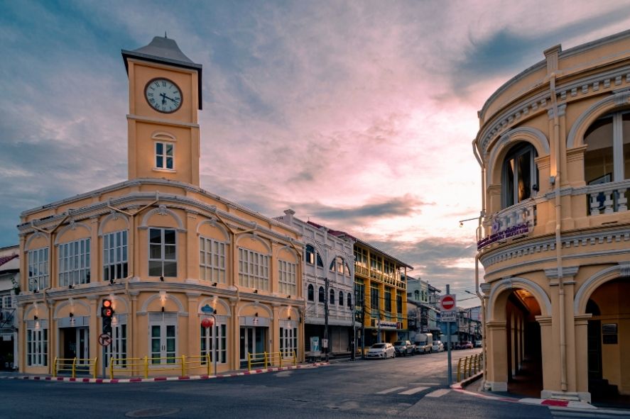 phuket old town with pastel buildings at dusk